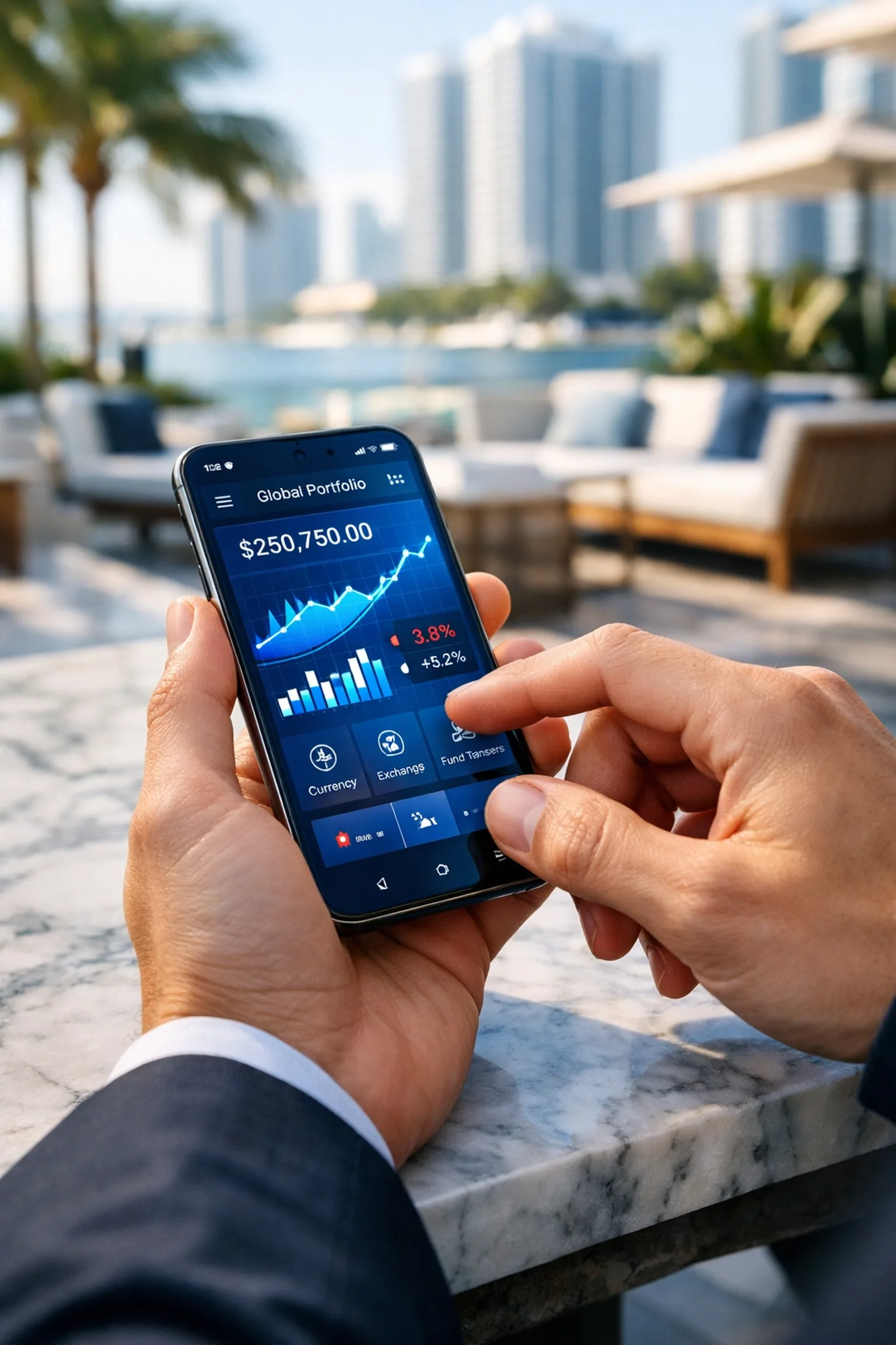 Business professional using a fintech portfolio app on a smartphone at an outdoor Miami waterfront terrace with palm trees and high-rise buildings in the background