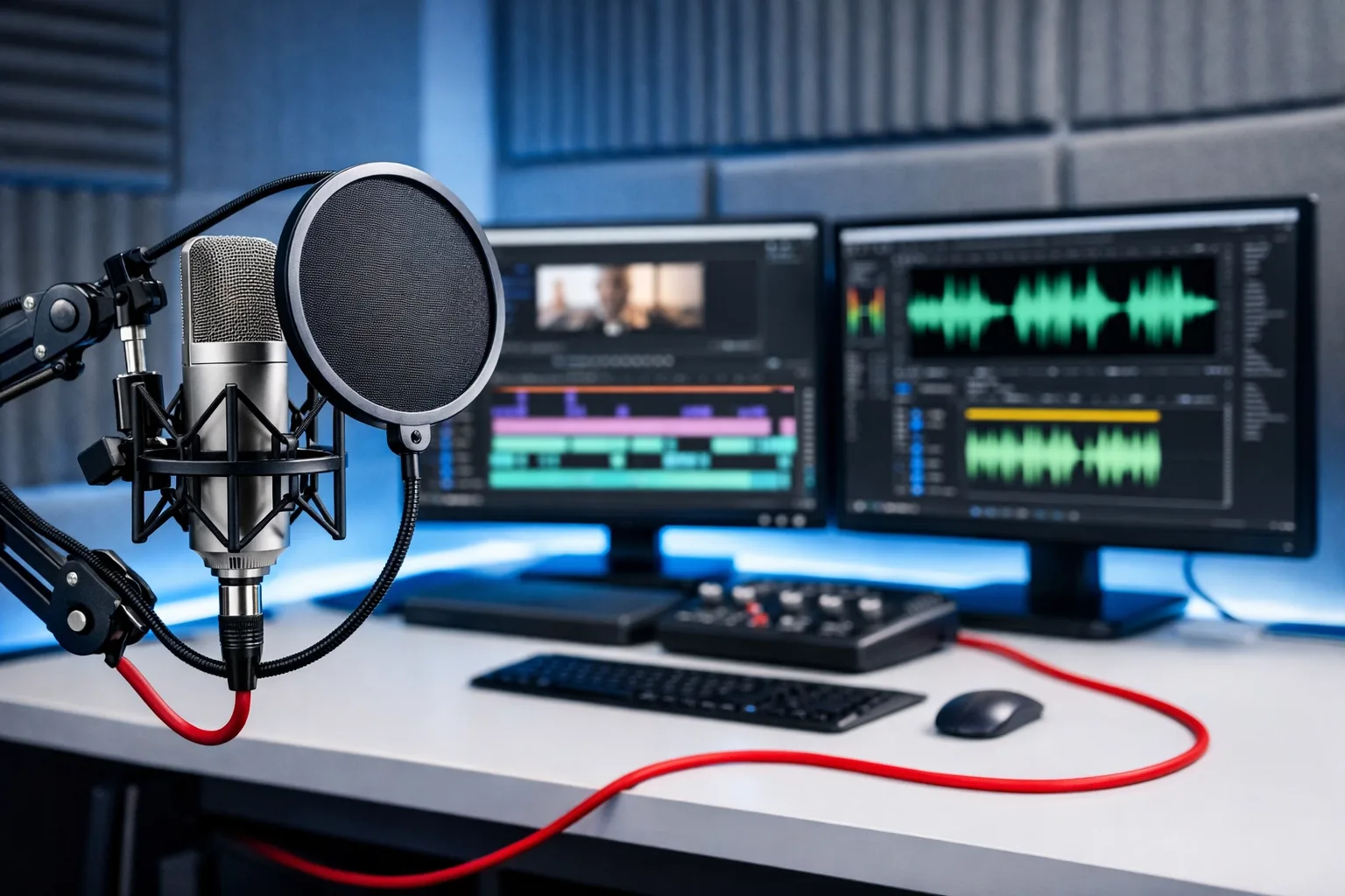 Professional podcast and content creation studio with condenser microphone, pop filter, and dual monitors displaying audio waveforms and video editing software in a soundproofed room