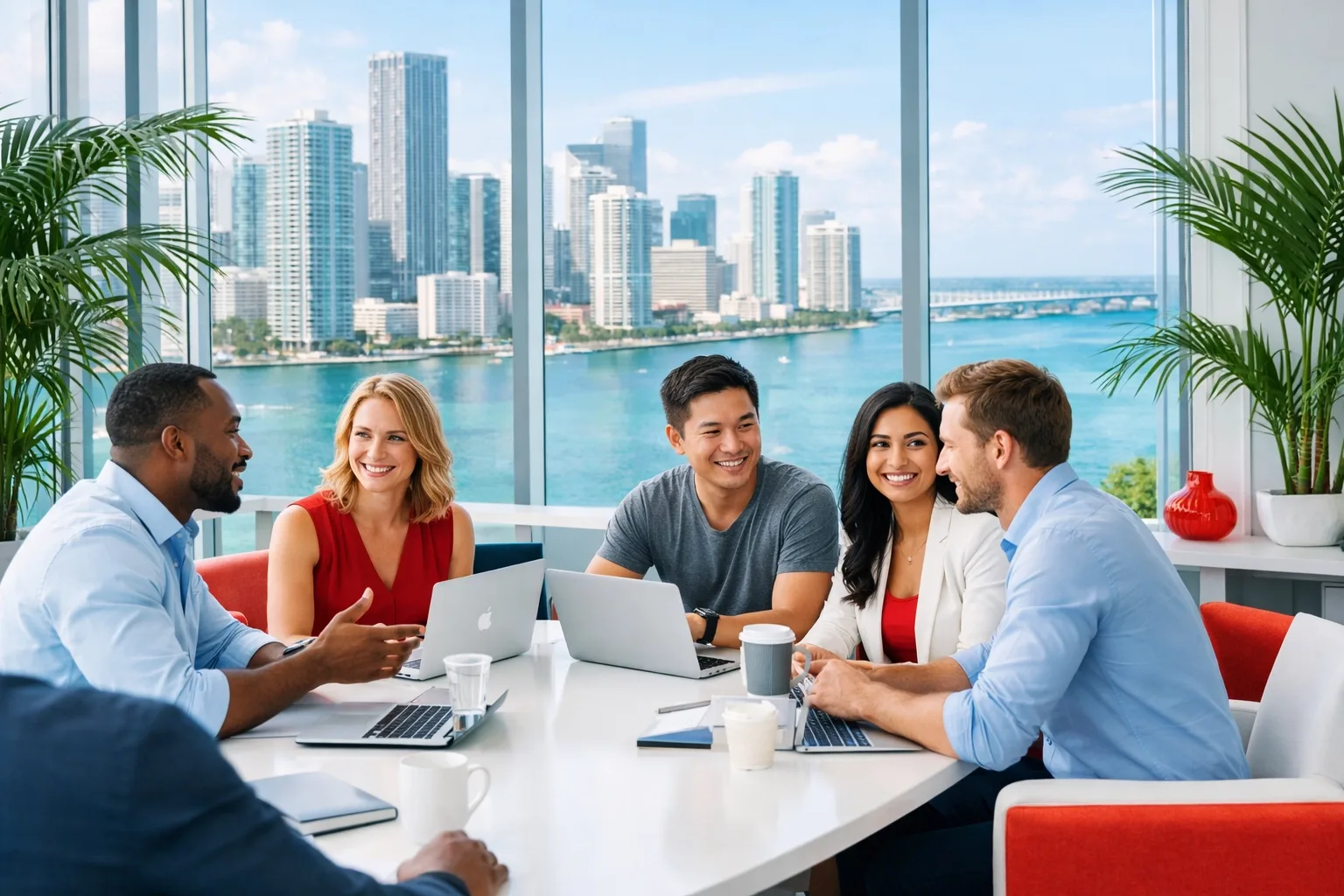 Diverse team of professionals collaborating with laptops around a conference table in a modern Miami office overlooking Biscayne Bay and the downtown skyline