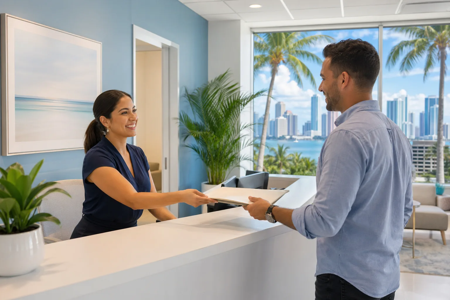 Client receiving translated academic documents at a Miami translation agency