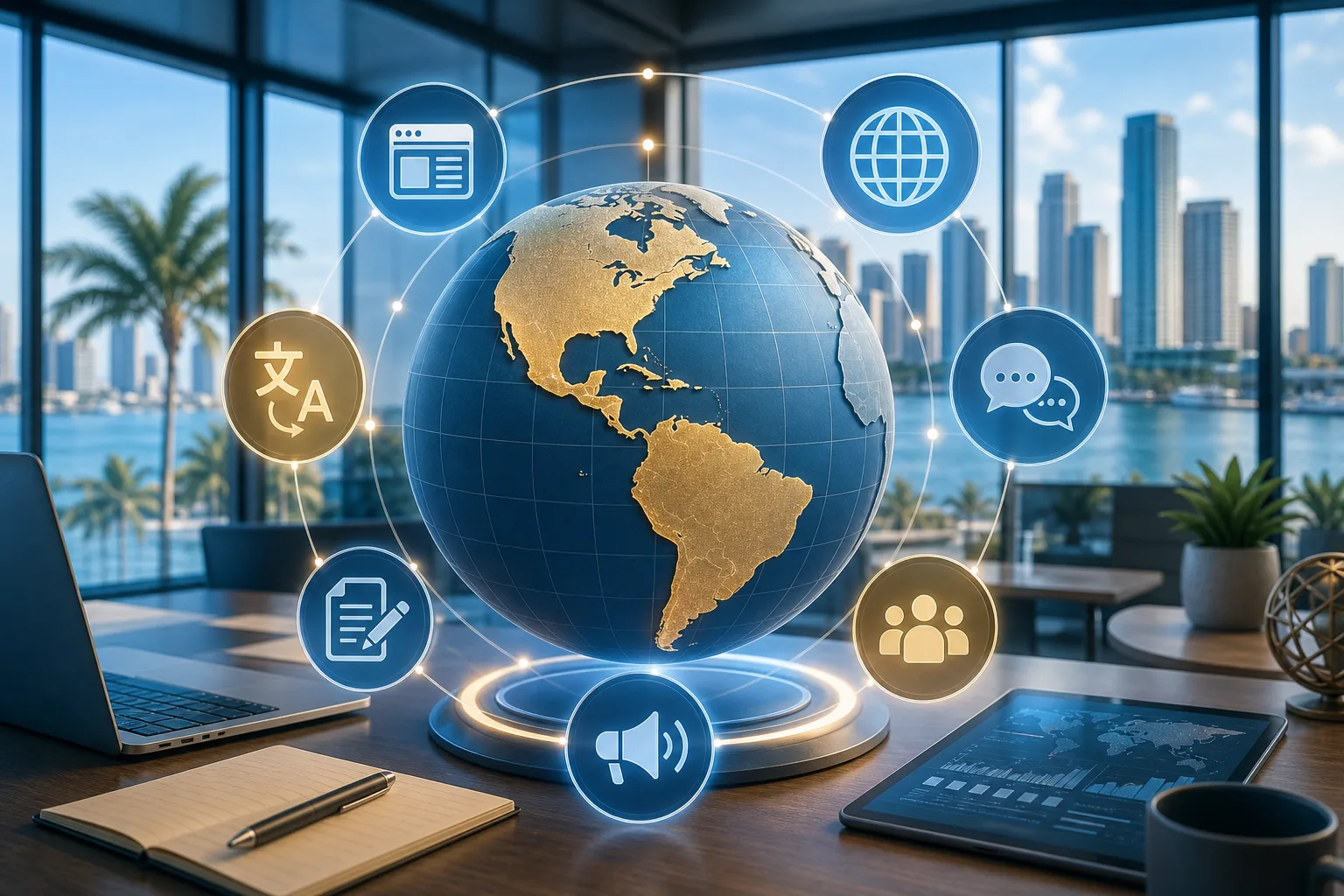 Multilingual digital marketing globe highlighting Latin America with translation and localization icons, Miami skyline background