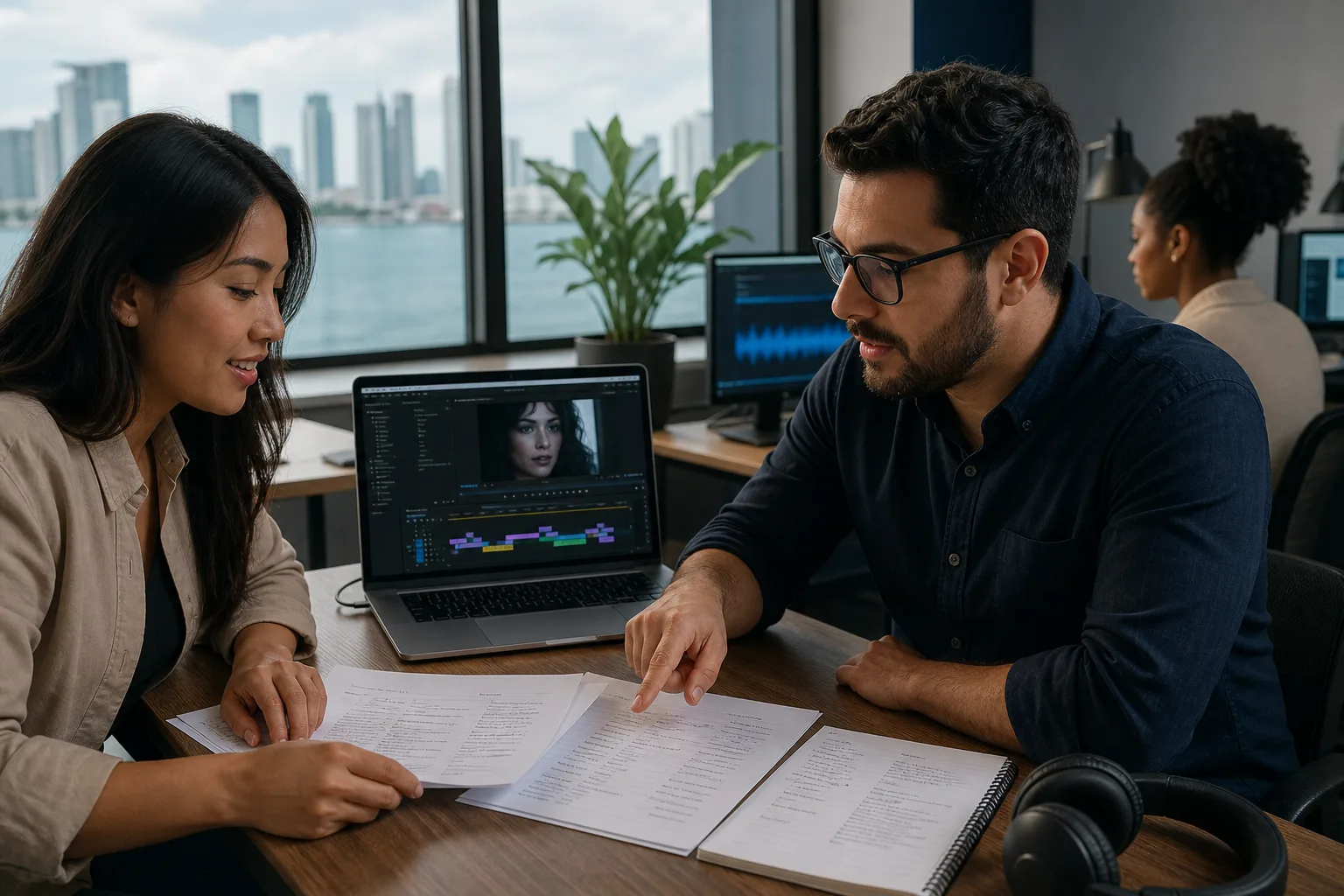 Multilingual localization and dubbing professionals reviewing video script in Miami office with city skyline in background