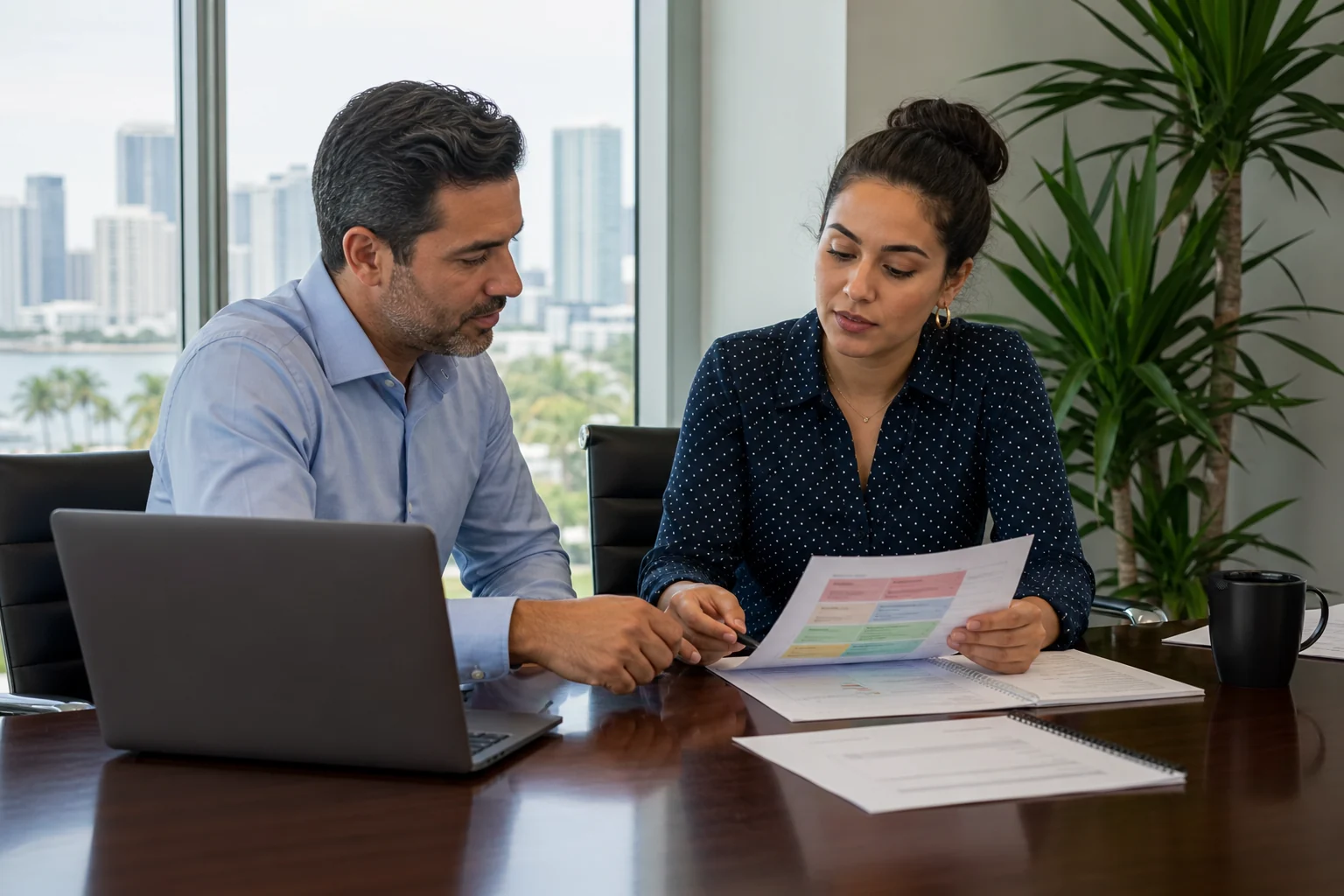 Operations manager and translator reviewing a multilingual employee-training workflow in Miami