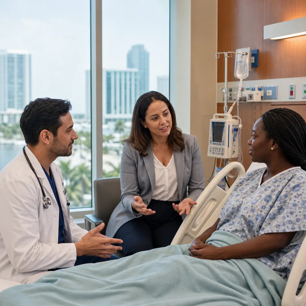 Medical interpreter assisting doctor and patient in Miami hospital — professional healthcare interpretation services