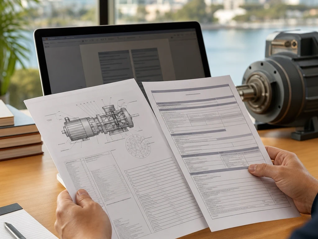 Linguist reviewing an industrial equipment manual and safety data sheet in a Miami office