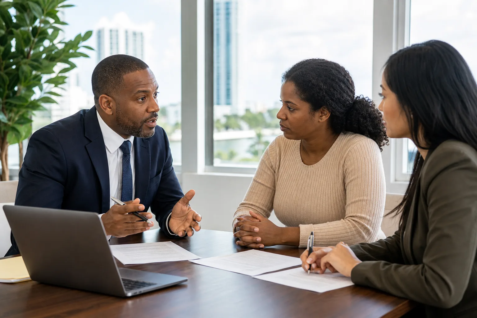 Immigration attorney and client reviewing TPS re-registration documents with a certified translator in Miami