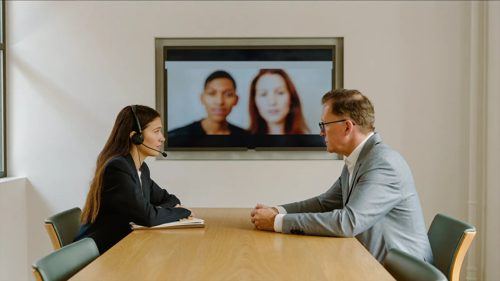 Interpreter in a headset assisting a client during a meeting